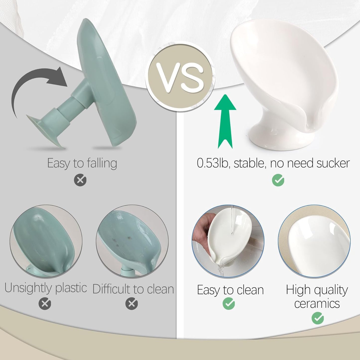 Soap Dish Set, Self Draining Bar Soap Holder for Bathroom Sink, Leaf Shaped Drainage Soap Dish Ceramic White Porcelain Decorative Soap Dishes 2PCS, ANTIS'S HOME