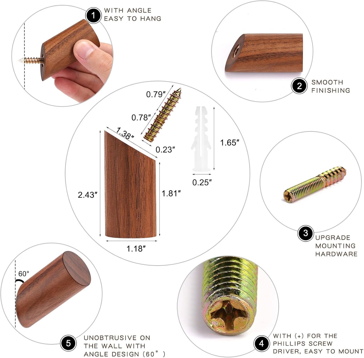 Wooden Wall Hooks, 2 Pack Coat Hooks Wall Mount, Natural Wood Hooks Coat Rack, Heavy Duty Hooks for Hanging Towels Entryway Coats Hat Rack for Wall (Walnut Wood)