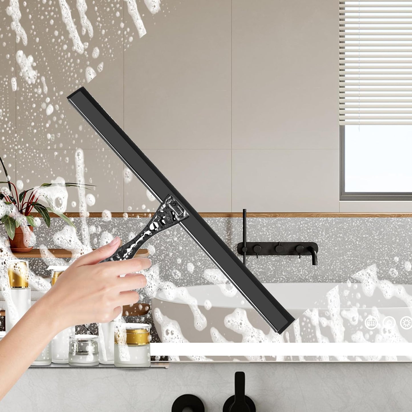 All-Purpose Silicone Shower Squeegee for Shower Glass Door,with 1 Hooks,for Bathroom Glass, Car, Tile Wall, Mirror Cleaning - Flower Shaped Handle for Easy-Grip 10 Inch Black