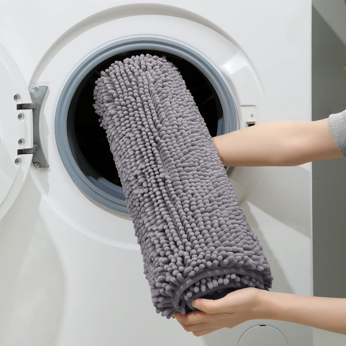 HOMEIDEAS Grey Chenille Bathroom Rugs Set of 3, Non Slip Bath Mat