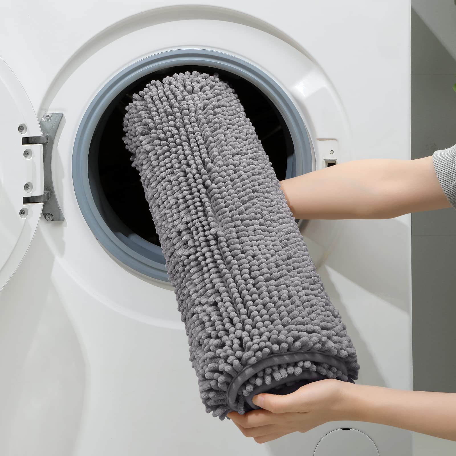 HOMEIDEAS Grey Chenille Bathroom Rugs Set of 3, Non Slip Bath Mat