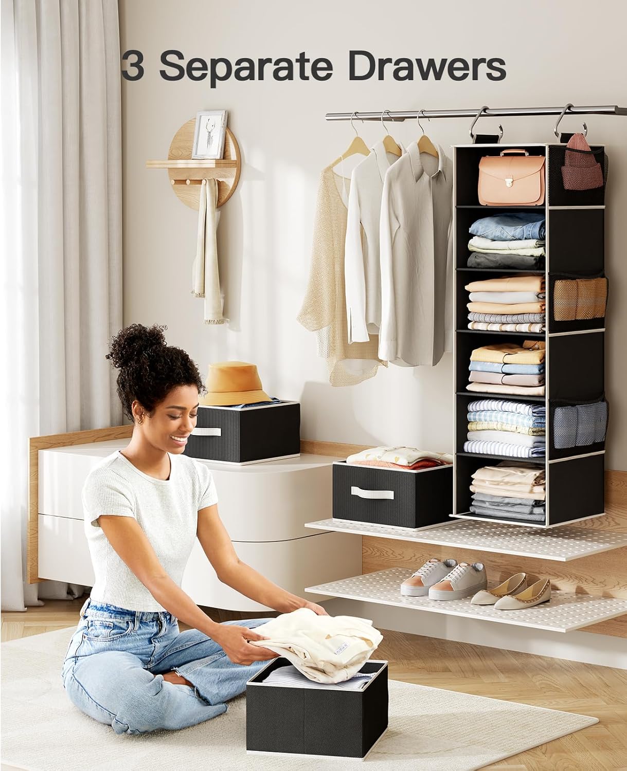 Pipishell Hanging Closet Organizer 6-Shelf, Hanging Shelves for Closet with 3 Removable Drawers & Side Pockets, Hanging Shelf Organizer for Bedroom or Garment Rack, 12'' x 12'' x 43.3'', Black