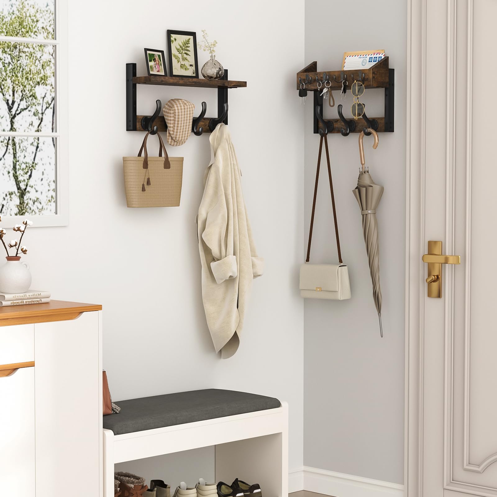 Evermagin 29" Coat Rack Wall Mount with Shelf for Entryway, Rustic Brown