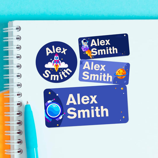Personalized Name Tag Stickers for Kids (130+ Pack) | Space-Themed Waterproof Labels for School Supplies, Bottles & Lunch Boxes | Custom Vinyl Name Labels for Clothing, Toys & More (B. Space)