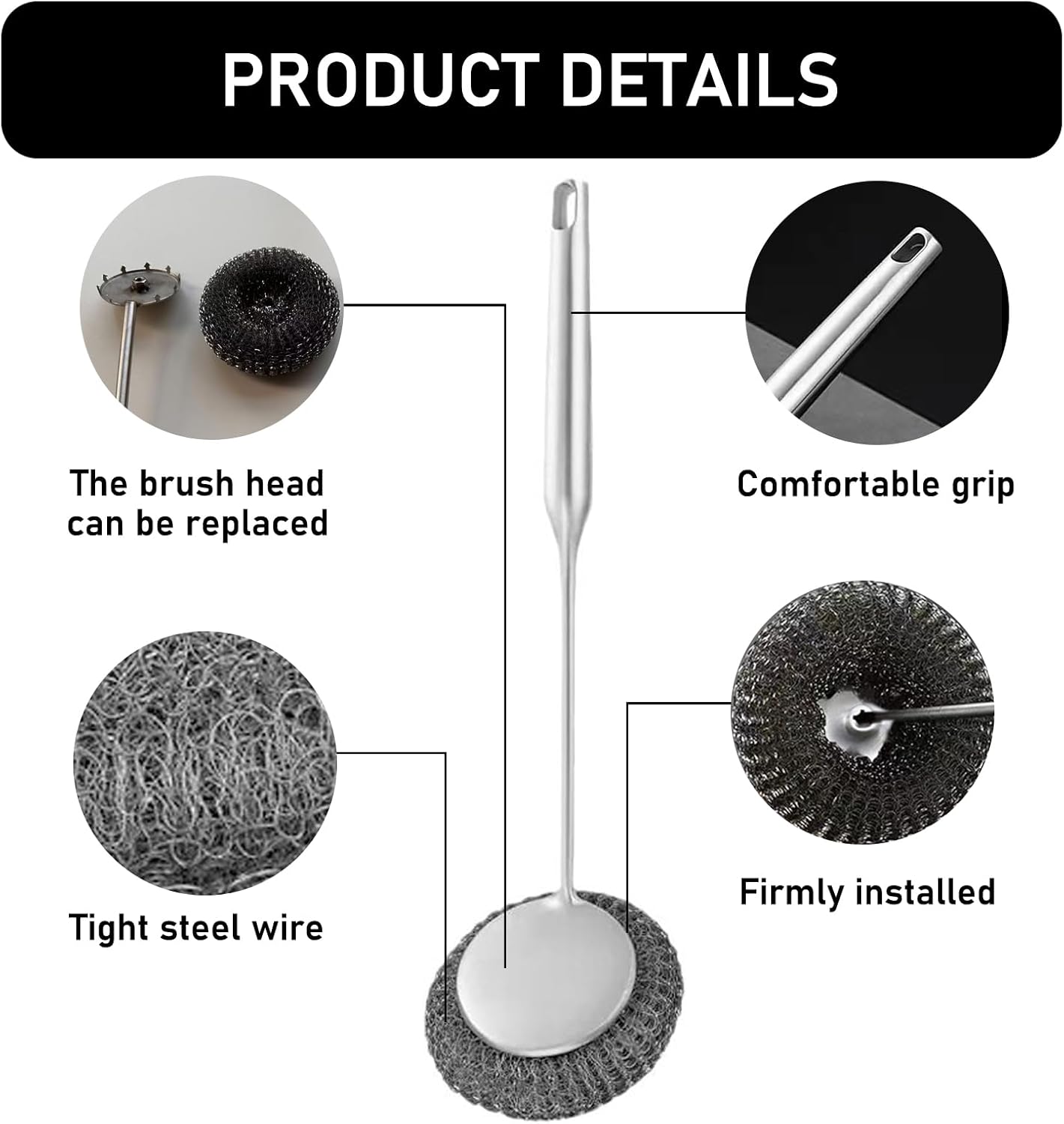 Stainless Steel Wool Metal Wire Scrubber Sponge Scouring Pads Brush Set with Handle for Cleaning Dishes,Pots and Pans,Kitchen Cast Iron,Stoves, Sink,Cooking Tools,Silver（9pcs）