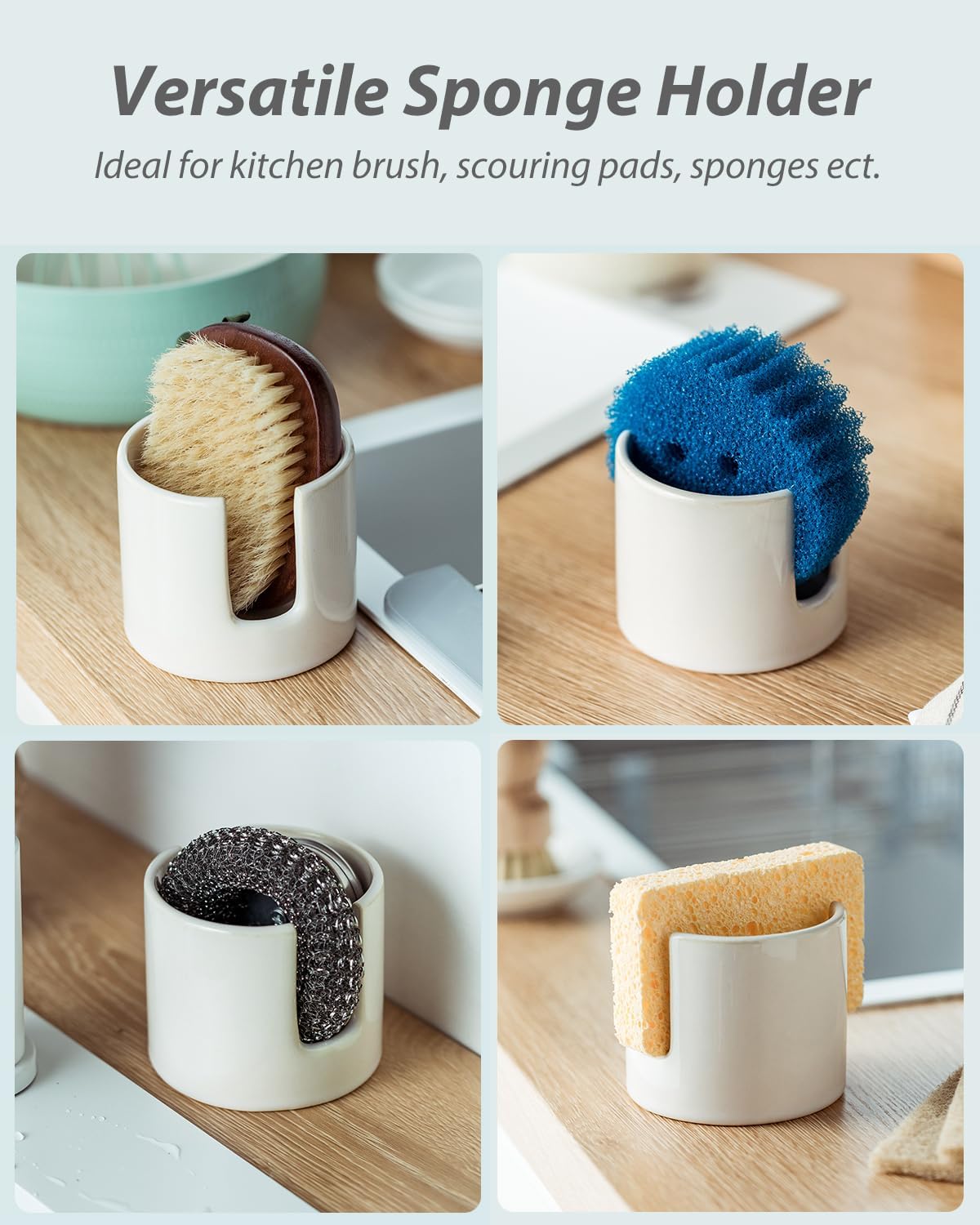 Sponge Holder for Kitchen Sink, Ceramic Dish Sponge Drying Caddy Scrubby Daddy Kitchen Organizer Cute Dish Rack for Sink Counter, Beige White