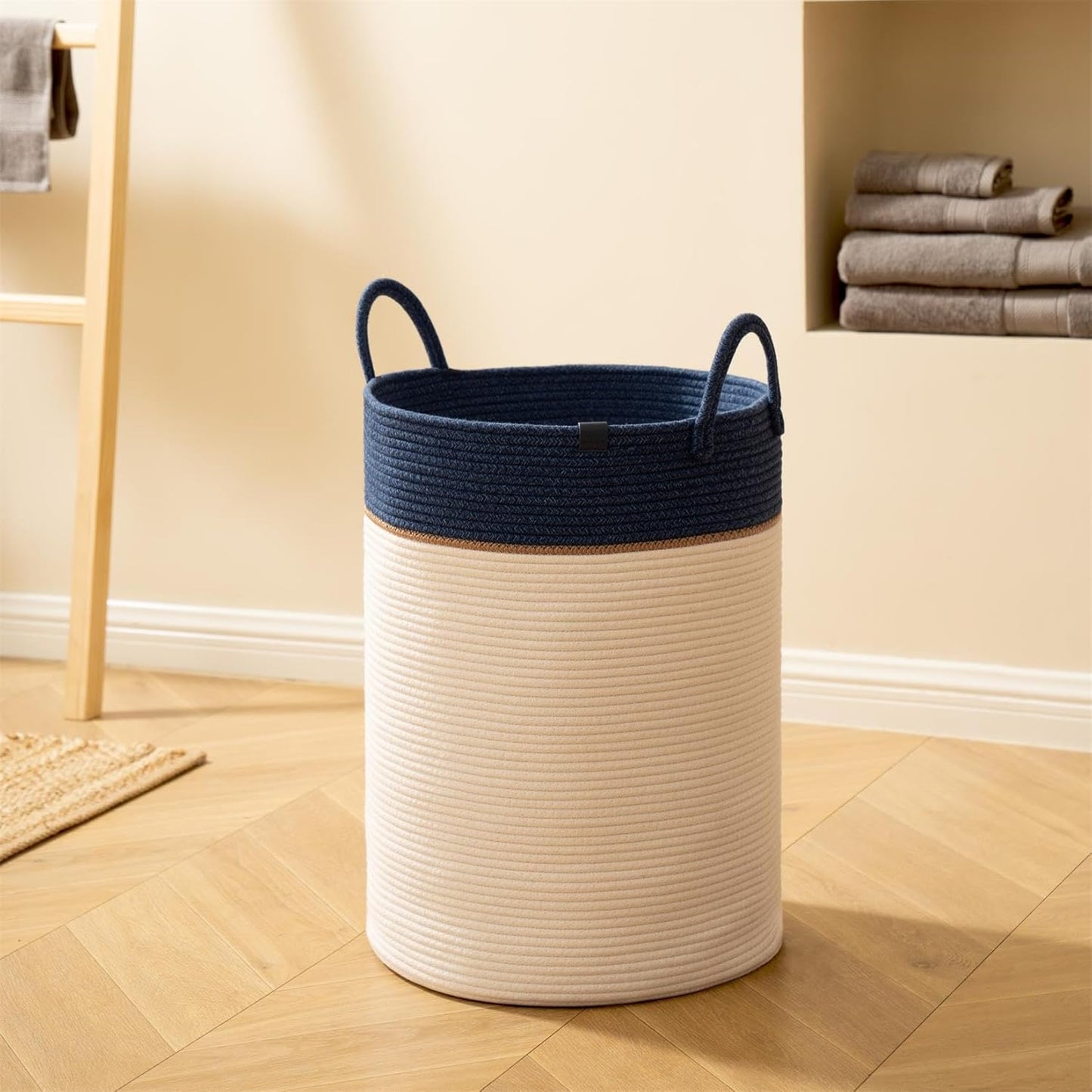 LA JOLIE MUSE Woven Basket Rope Storage Baskets - Large Cotton Organizer, Basket for Baby Blanket, Kids Toy Nursery Laundry Basket Navy Blue XL