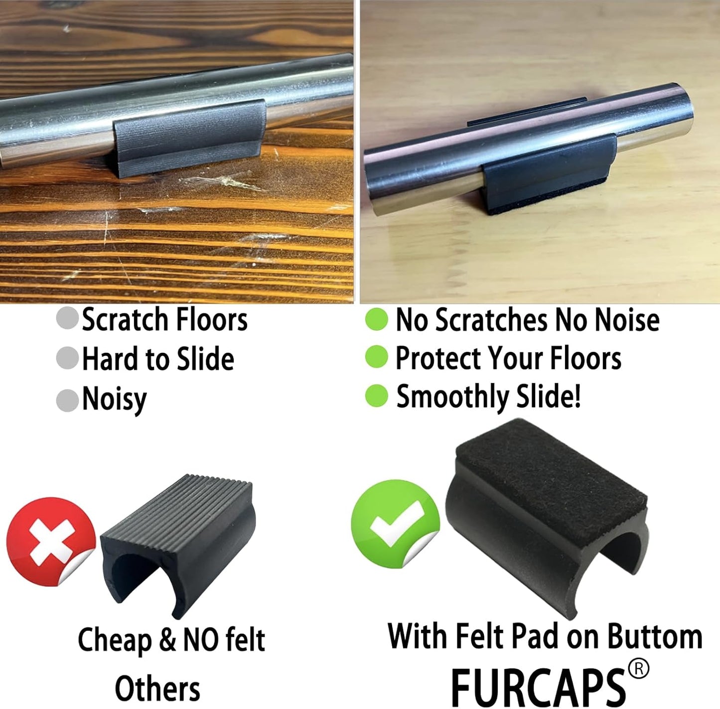 Rectangle U Shaped Chair Leg Tips Cap with Felt Pads,Furniture Feet Protector Slide Smoothly Glides,Protect Hardwood Floor No Scratches No Noise,Fit 19mm(3/4inch) Diameter Tubular Legs (Black 32PCS)