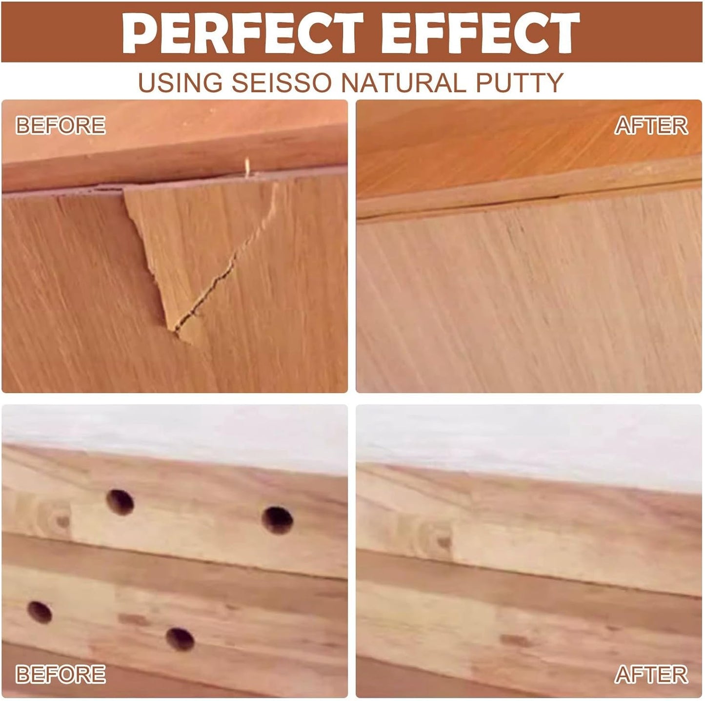 SEISSO Wood Filler, Walnut Wood Putty for Trim, Wood Filler Paintable, Stainable, Water-Based Wood Putty Filler Outdoor, Wood Repair Kit - Restore Wooden Table, Cabinet, Floors, Door