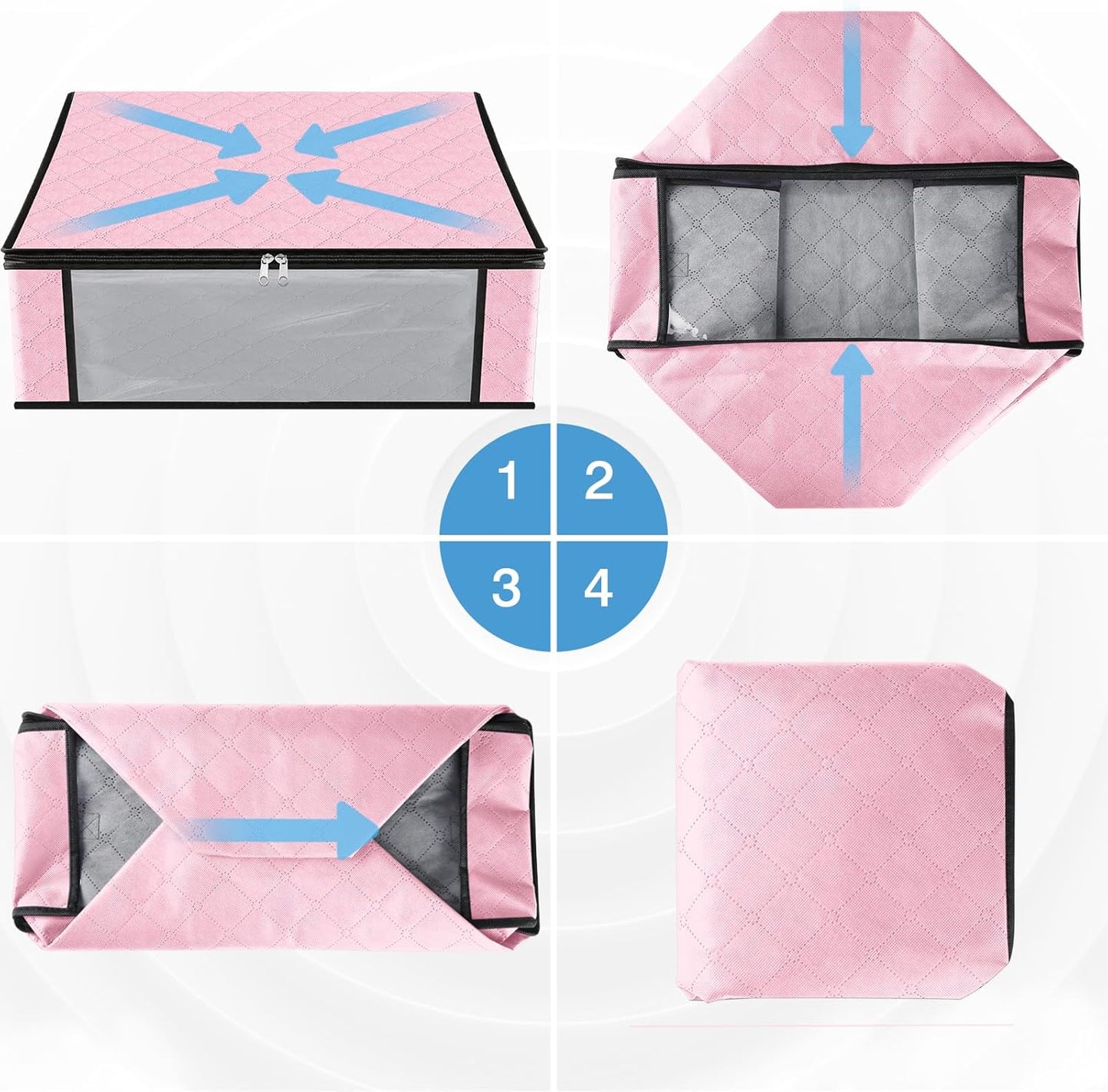 HomeHacks Storage 6-Pack Clothes Organizer Storage Bags Foldable Storage Box with Large Clear Window Sturdy Handles for Closet, Dorm, Pillows, Bedding, Clothes, Blankets, 35L, Pink