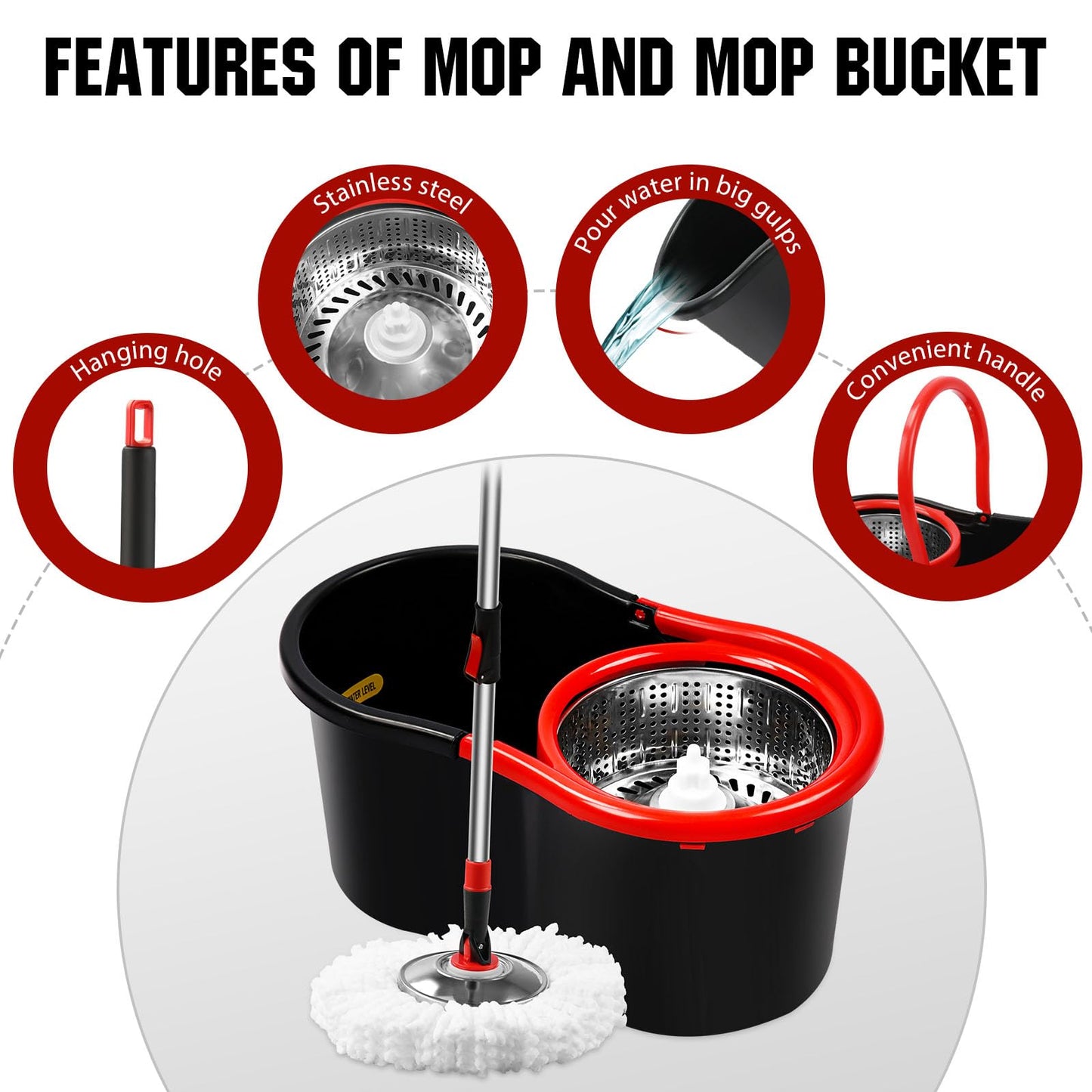 Spin Mop and Bucket with Wringer Set, 3 Microfiber Mop Heads, 51" Handle