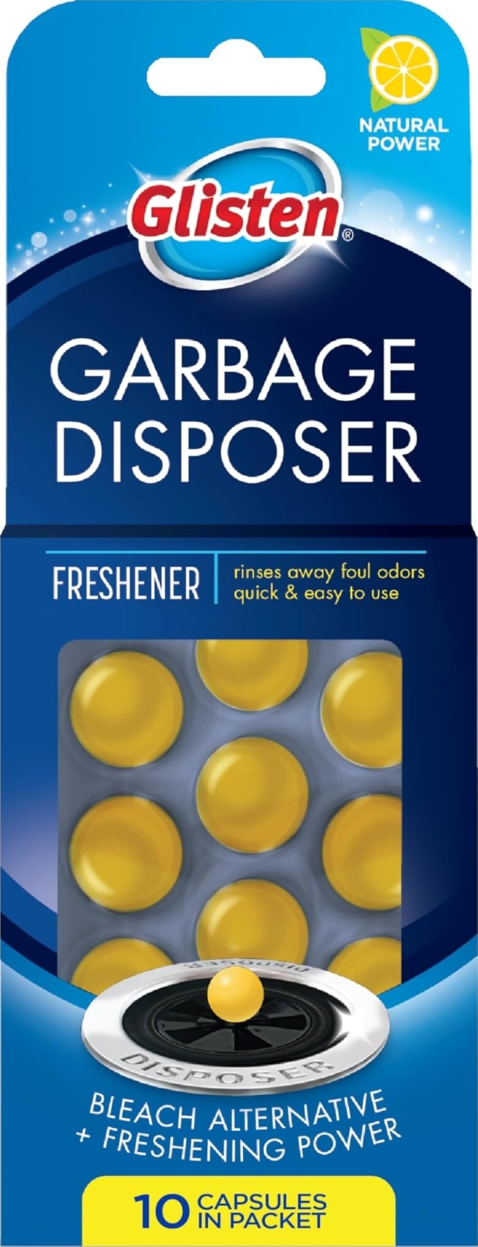 Glisten Garbage Disposer Freshener, Lemon Scent Deodorizer, 10 Capsules