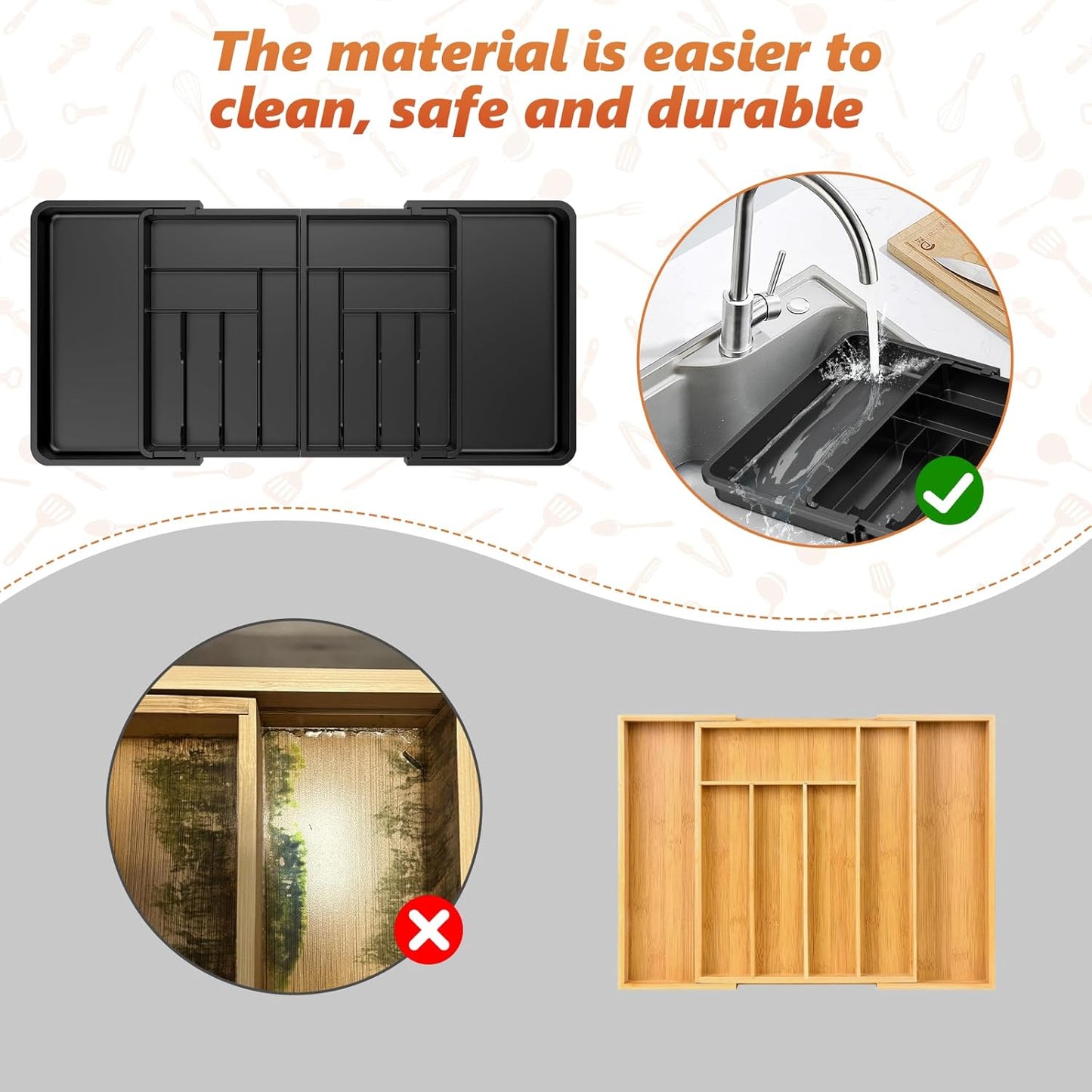 Large Silverware Drawer Organizer,utensil drawer organizer Adjustable Flatware and Cutlery Holder BPA Free Plastic Utensil Tray for Kitchen Spoons Forks Knives Black 21.6 to 38 Inches