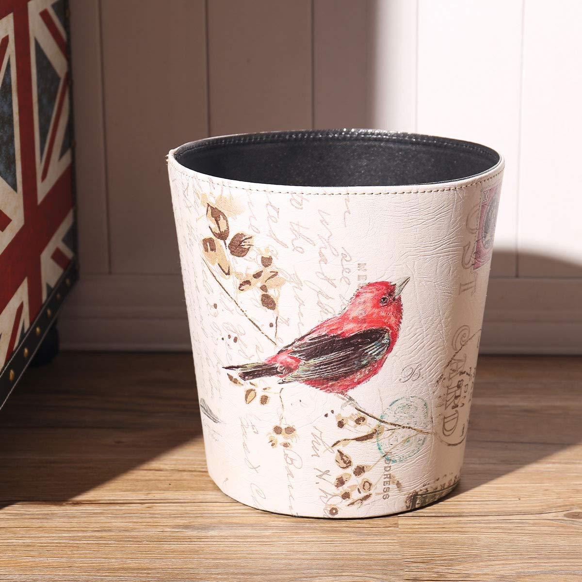 PU Leather Small Trash Can Wastebasket, Round Garbage Container Basket for Bathrooms, Laundry Room, Kitchens, Offices, Kids Rooms, Bedrooms,Dorms,Home Decorative Art Bin, 2.9 Gallon(Bird Design)