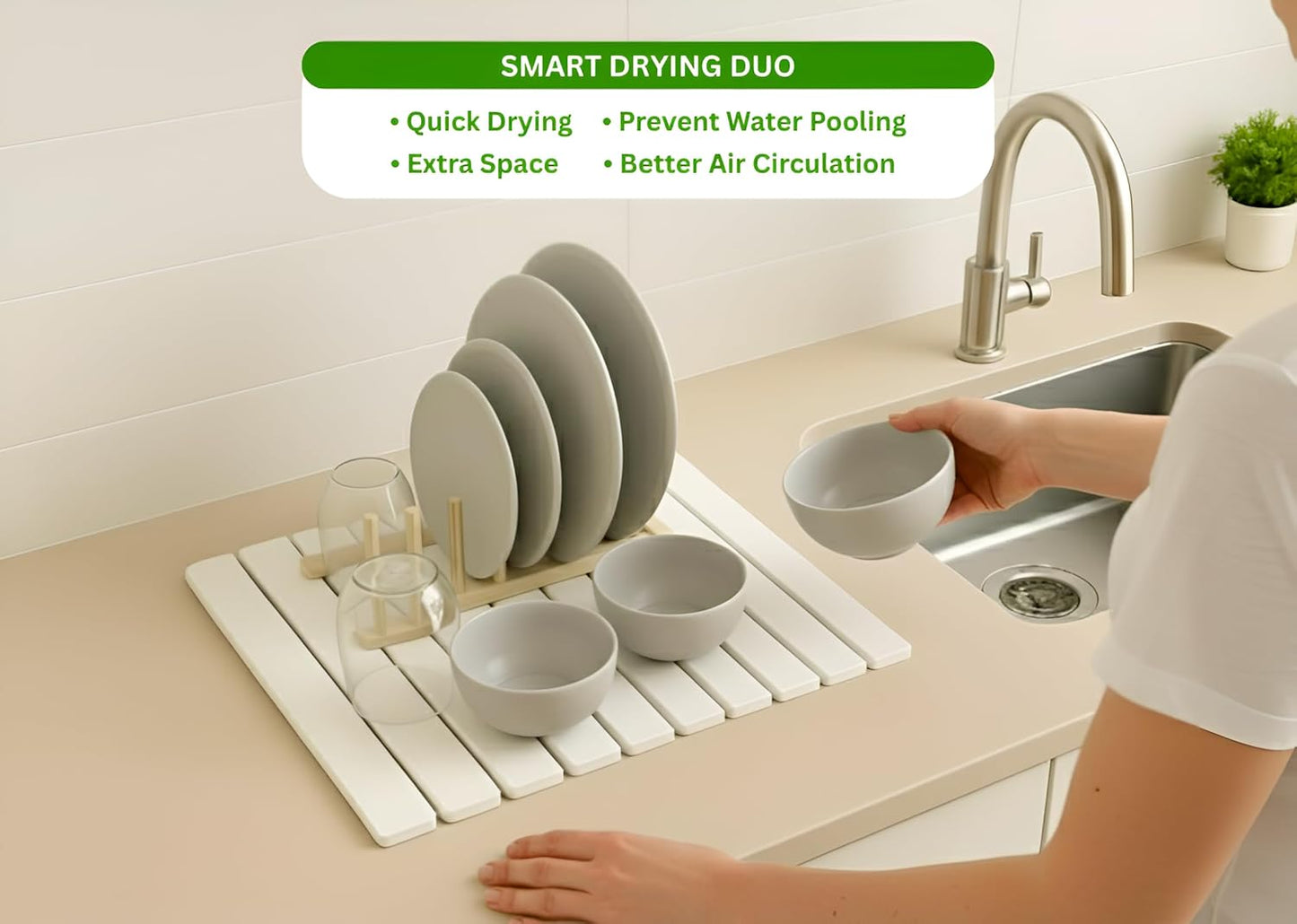 Stone Dish Drying Mat – Large 24×16 Quick Dry Stone Mat Kitchen, Diatomaceous Earth Dish Drying Mat for Kitchen Counter with Wooden Drying Rack, Fast Drying Stone Mat, Eco-Friendly & Super Absorbent