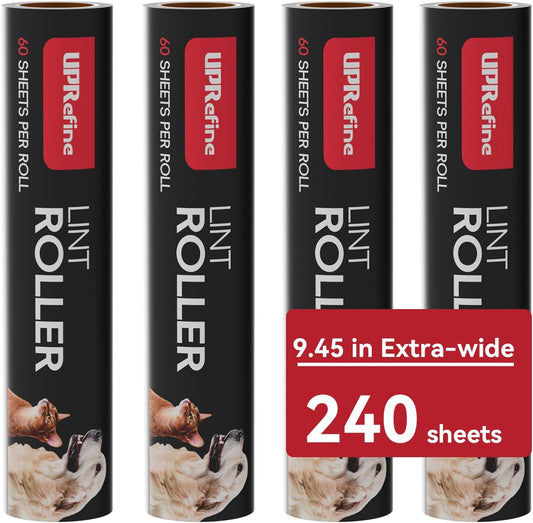 Large Lint Roller Refill 240 Sheets(4 Pack) Value Set, Extra Sticky, Easy Tear for Lint Remover, 9.45 in Pet Mega Extreme Stick Refill for Floor Roller Cleaning for Pet Hair