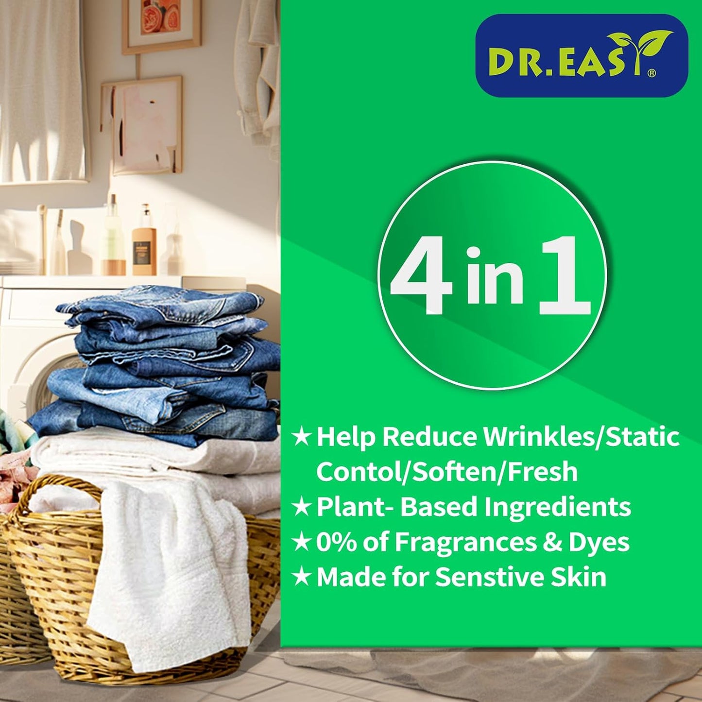 DR.EASY SUMMER FRESH Dryer Sheets Plant Based Formula 200 Ct Fabric Softener sheets for Laundry Essential Oil Scented No Artificial Fragrances No Dyes Reduce Static & Wrinkles Help Repel Pet Hair