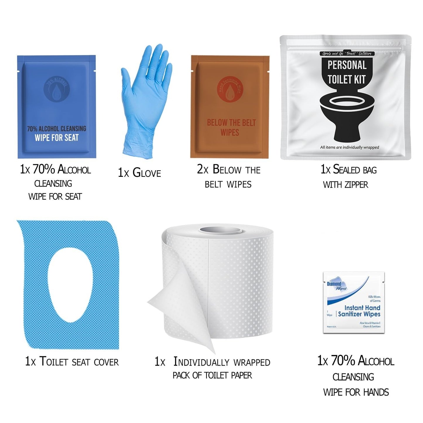 Personal Toilet Kit To Go – 10 Pack | Disposable Public Restroom Kit | Individually Wrapped for Toilet Protection Kit | Toilet Paper, Toilet Seat Cover, Butt Wipes, Cleansing Wipes (White)