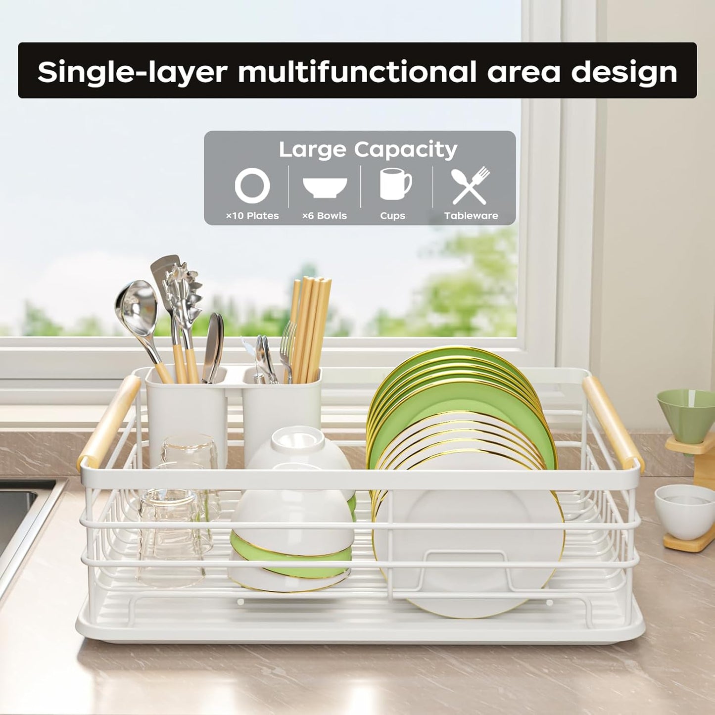 Dish Racks for Kitchen Counter: Wooden Handles, Thickened Metal, No Assembly. Small Dish Drying Rack: Ideal for Small Households. Drying Rack Kitchen: White