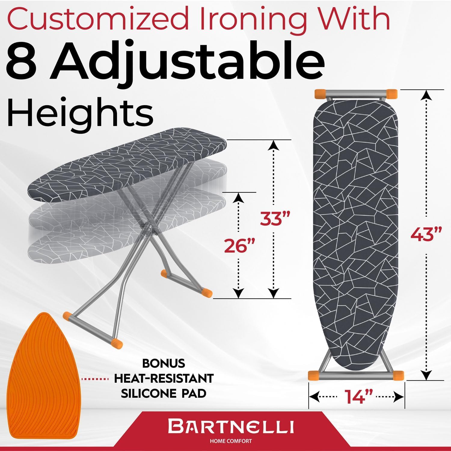 Bartnelli Compact Ironing Board, 13x43 Space-Saving Steel Foldable Iron Board, 4 Layer Cotton