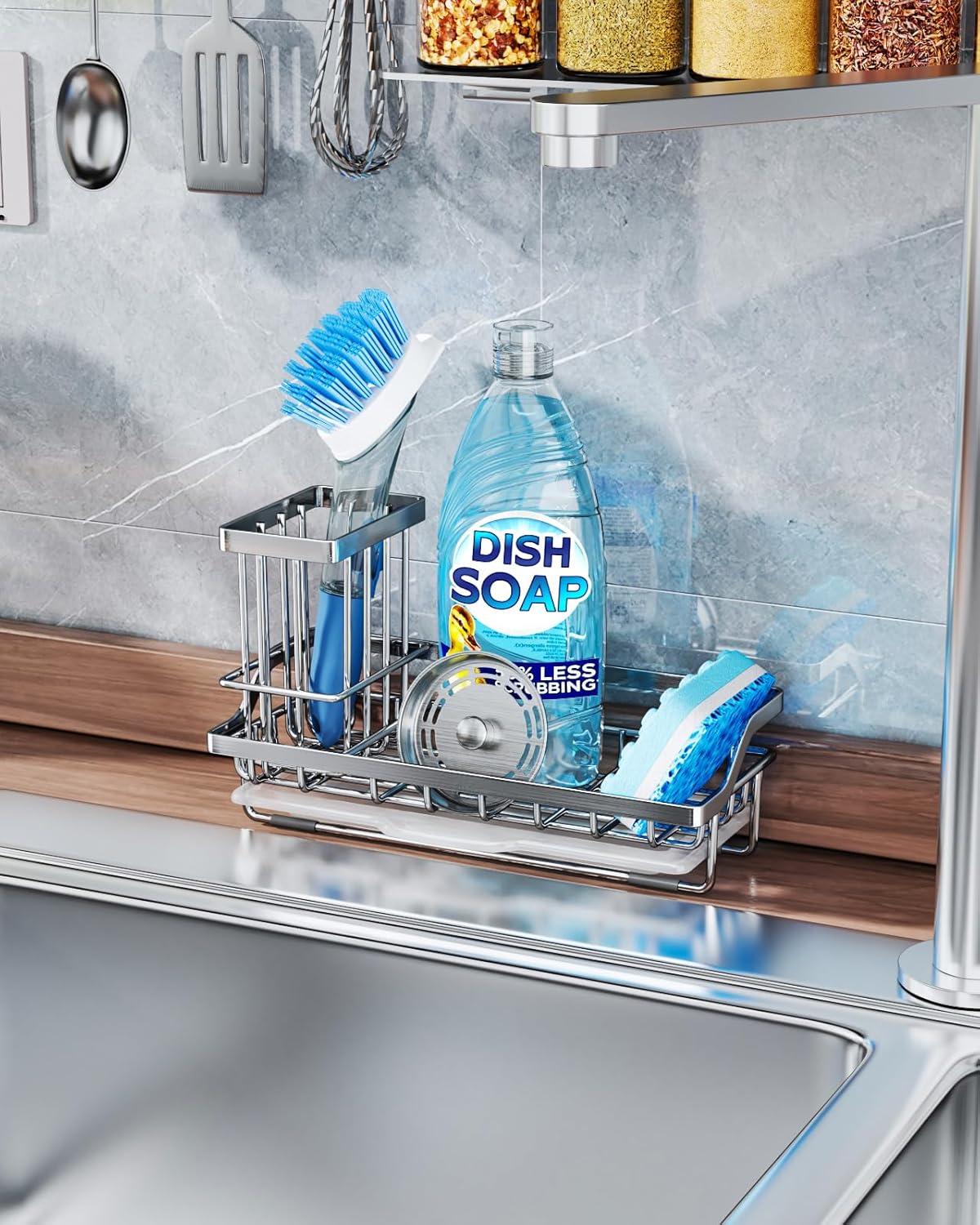 Consumest Sink Caddy, Kitchen Sponge Holder with Dish Brush Holder, Kitchen Organizer with Drip Tray for Countertop, Stainless Steel Rustproof - Silver