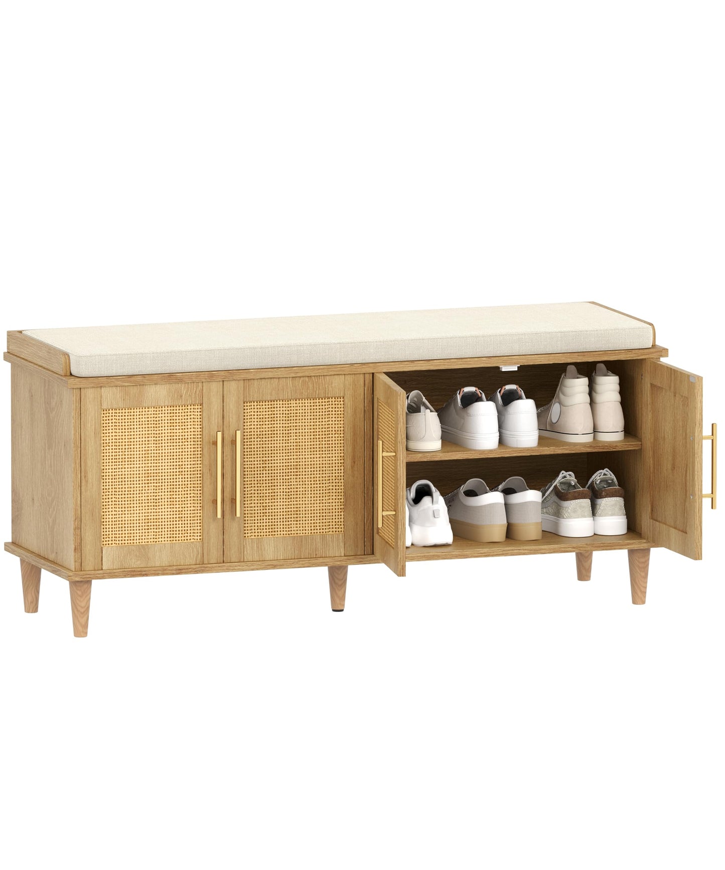 Akxomel 47.2" Rattan Shoe Storage Bench 4 Doors Wooden Entryway Bench Oak