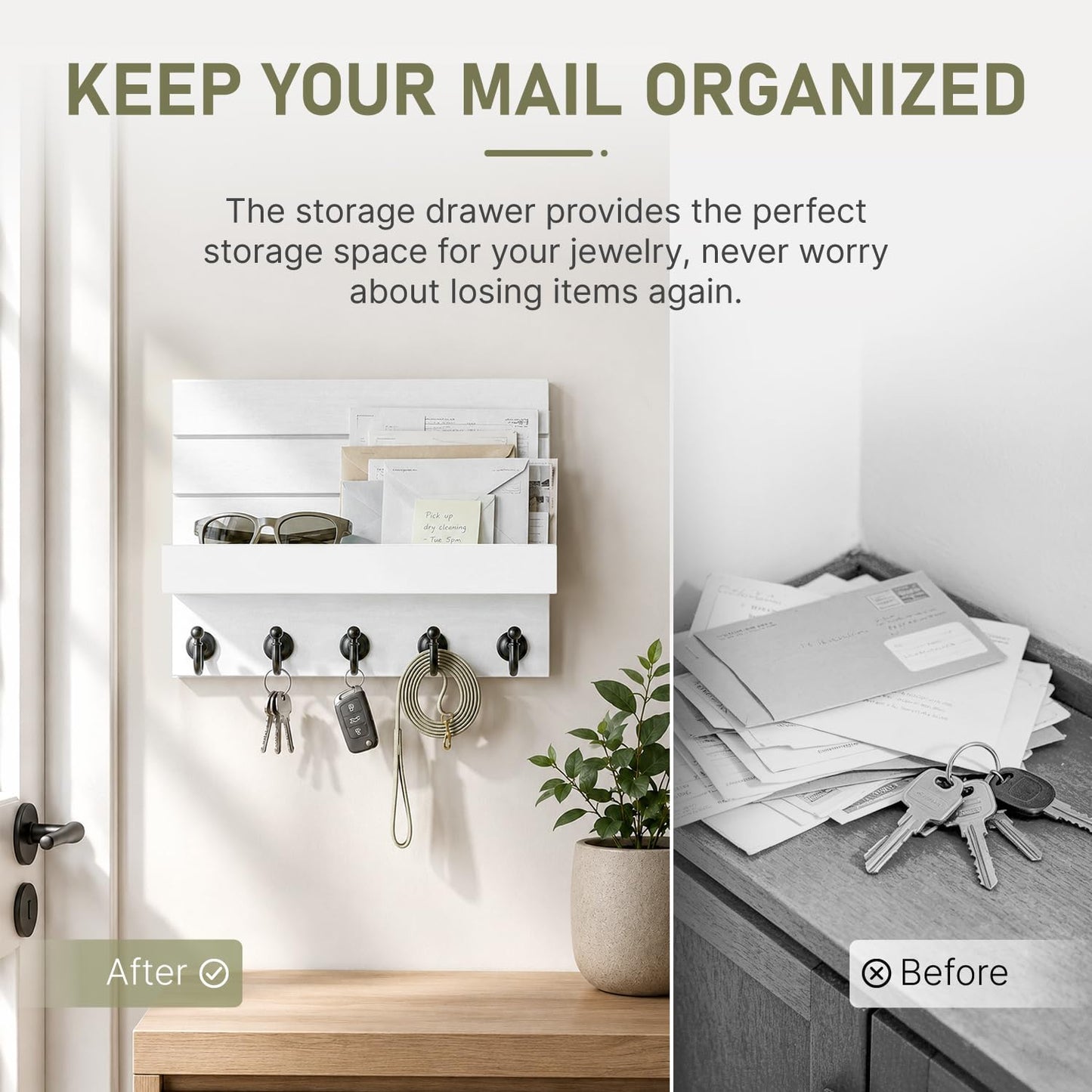 HONJIN Key Holder Wall Mount with Shelf and 5 Sturdy Key Hooks (White)