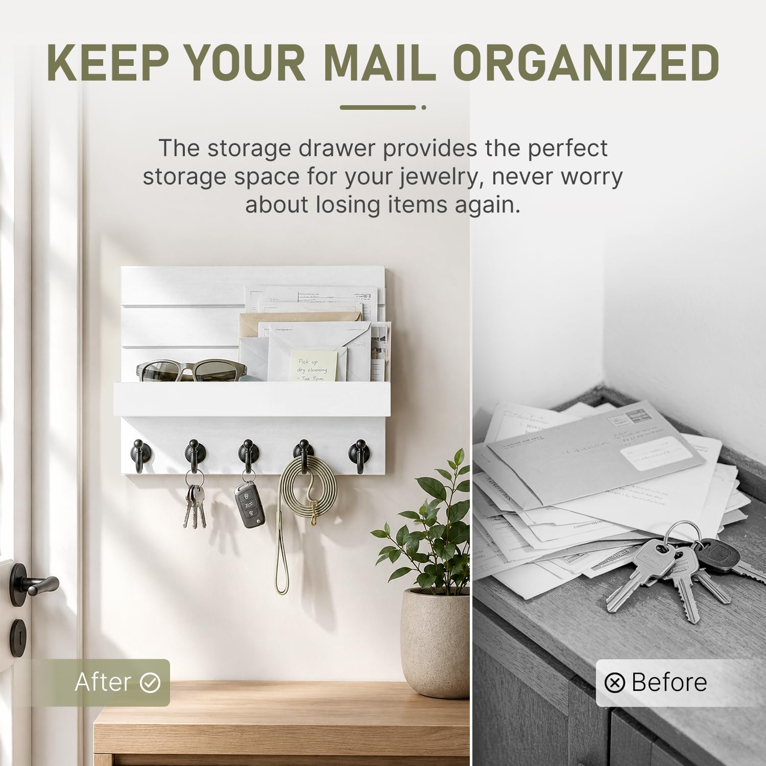 HONJIN Key Holder Wall Mount with Shelf and 5 Sturdy Key Hooks (White)