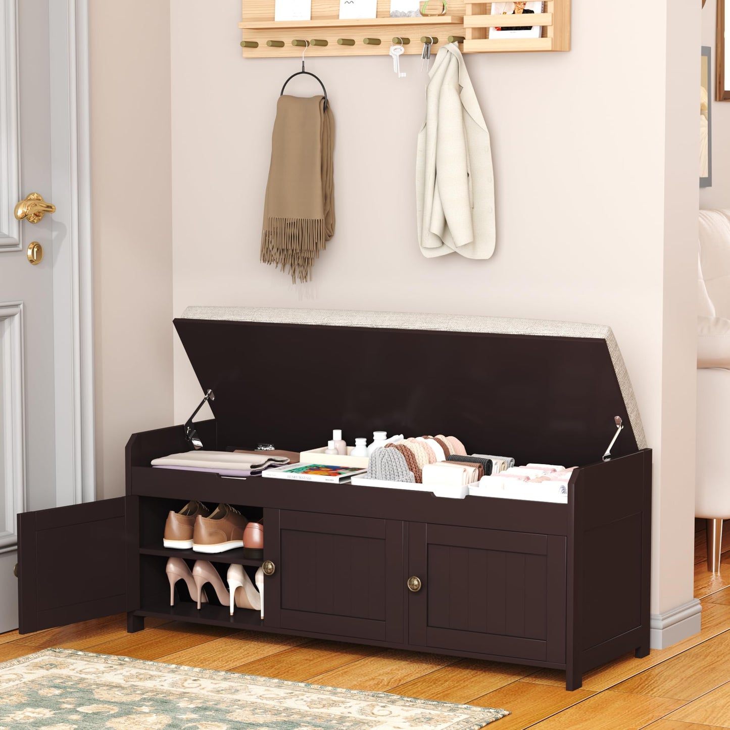 HOMEFORT 41.3" Shoe Bench with Lift Top Storage, Entryway Bench with Cushioned Seat, Wooden End of