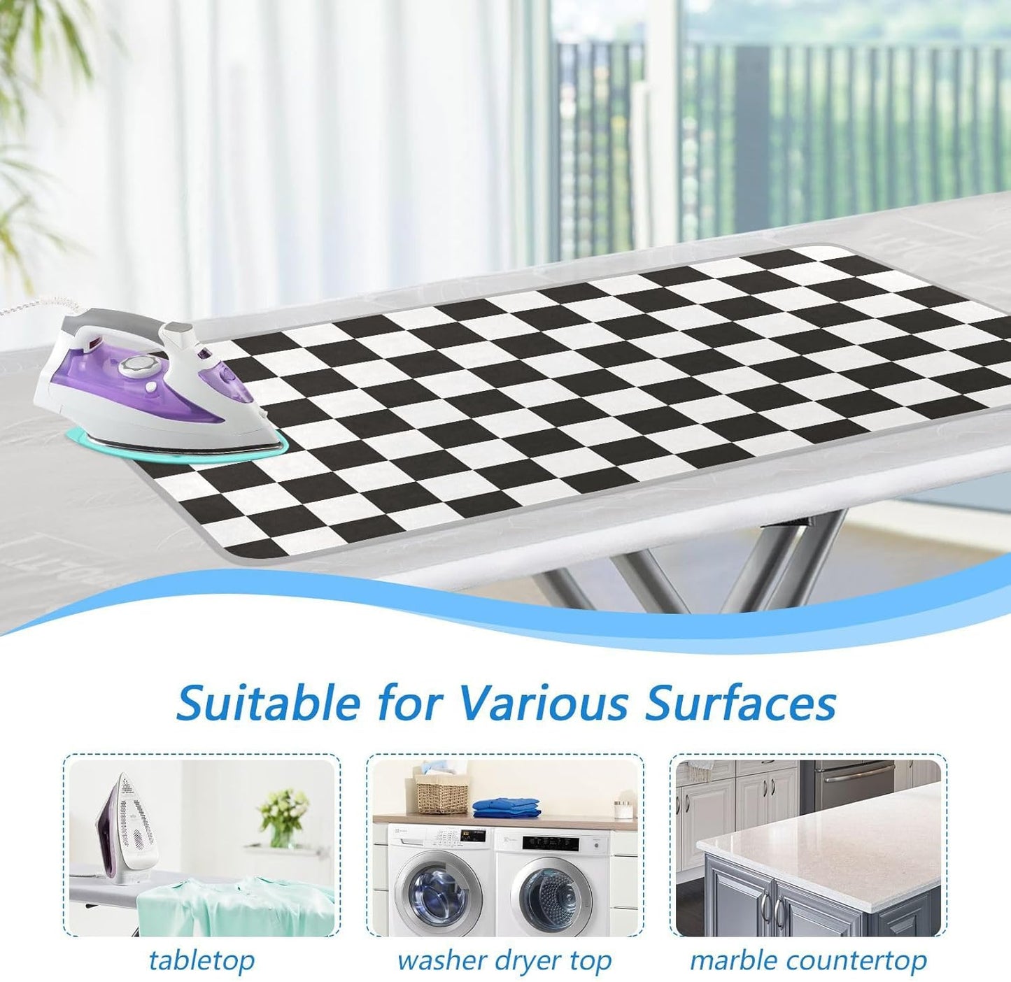 Checkered Black Ironing Mat Thickened Ironing Blanket Travel Portable Double-Side Using Ironing Pad Travel Isolate Heat Pad Cover for Washer Dryer Table Top Countertop 27.6x47.2in