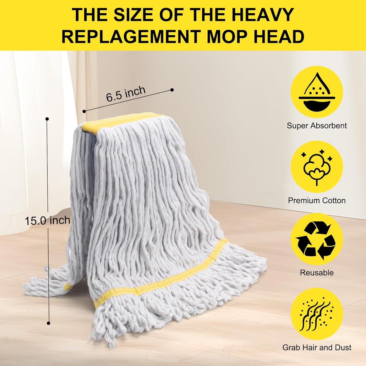 KeFanta 6 Pack Heavy Duty Commercial Mop Head Replacement,Wet Industrial Cotton Looped End String Mops Refill for Floor Cleaning,Yellow