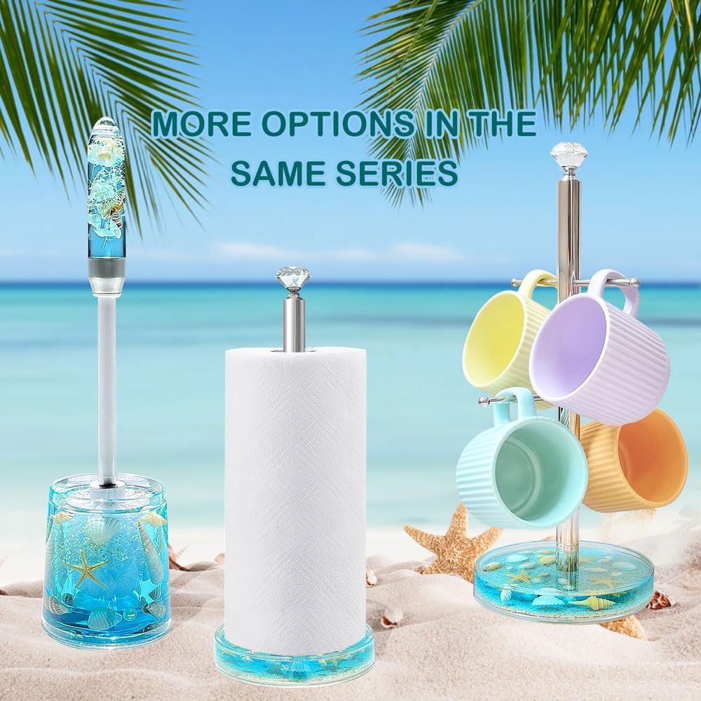 FONMY Toilet Brush and Holder Acrylic with Nature Seashell,Compact Size Toilet Bowl Brush with Plastic Handle Easy to Hide, Drip-Proof,Space Saving for Storage,Easy to Assemble,Deep Cleaning, (Blue)