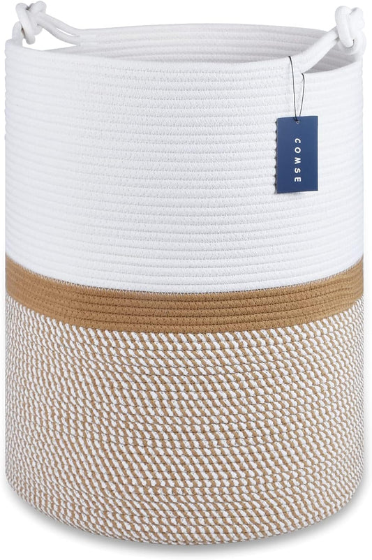 COMSE Extra Large Blanket Basket, Tall Woven Storage Basket, Nursery Hamper, 15.7”x 21.7”, Cotton Rope Laundry Hamper for Toys Clothes Towels, Blend White/Camel