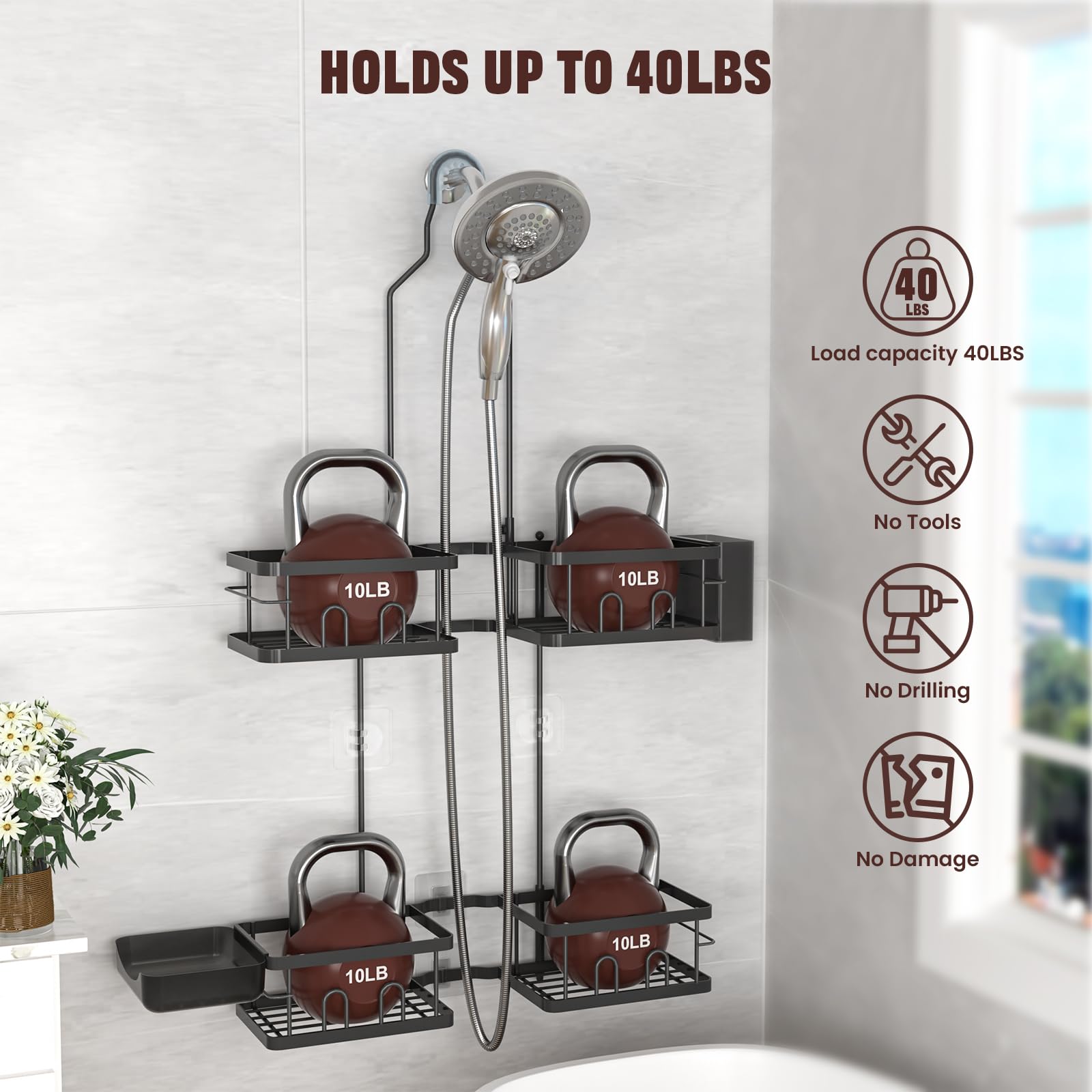 REINHARDT Adjustable Shower Caddy Hanging for Handheld Showerheads, Black