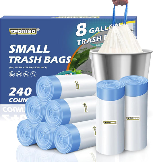 240 Count 8 Gallon Trash Bags Drawstring - 1.2 Mil White Medium Garbage Bags Unscented, 30 Liter Thick Plastic Trash Can Liners for Home Kitchen Bathroom