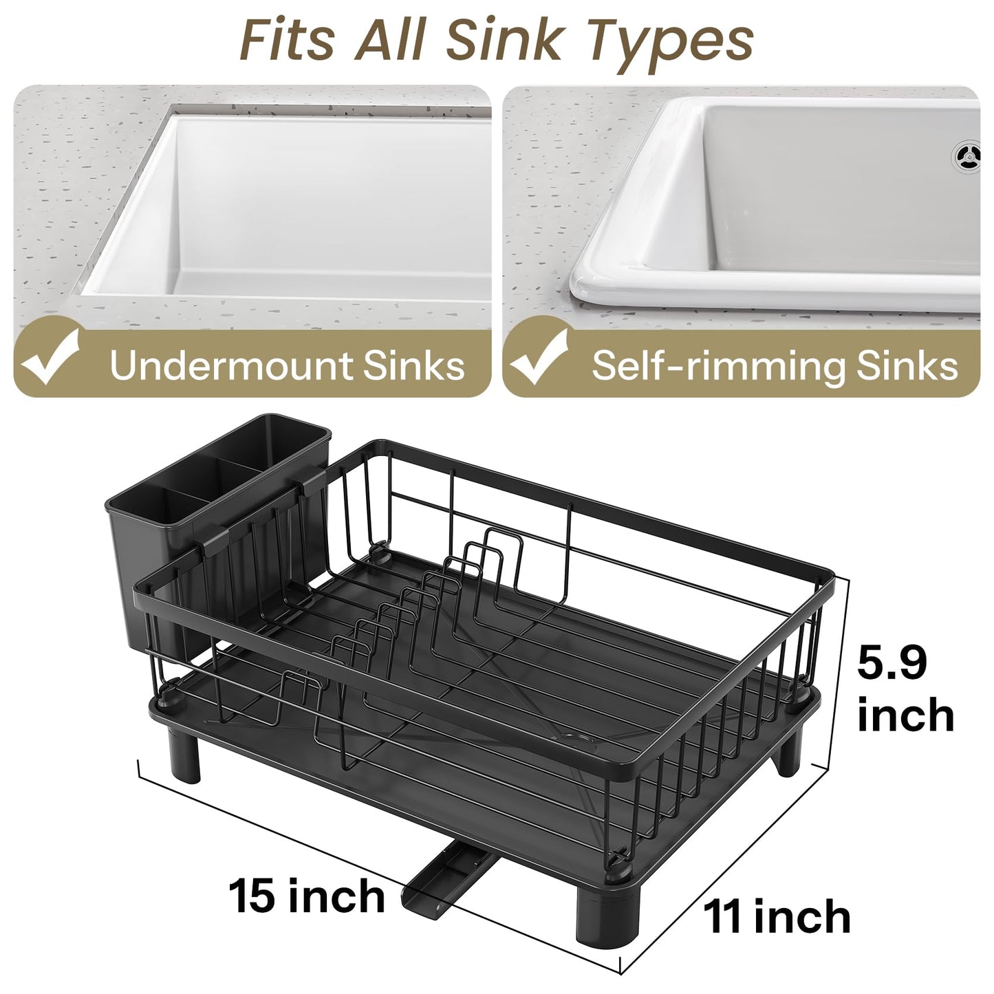 SNTD Dish Drying Rack for Small Kitchen Counter, 11" W x 15" L, Black