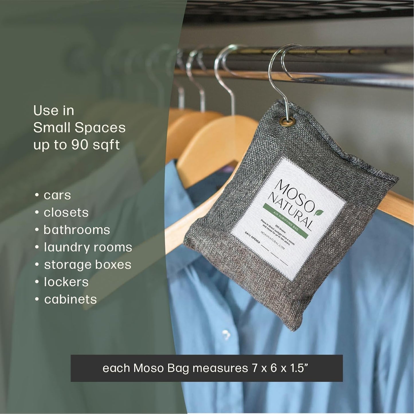 Moso Natural Air Purifying Bag 200g (2 Pack) Bamboo Charcoal Odor Absorber for Home & Car | Closet Odor Eliminator, Small Room Deodorizer & Car Air Freshener | Long Lasting Charcoal Bags Cover 90sqft