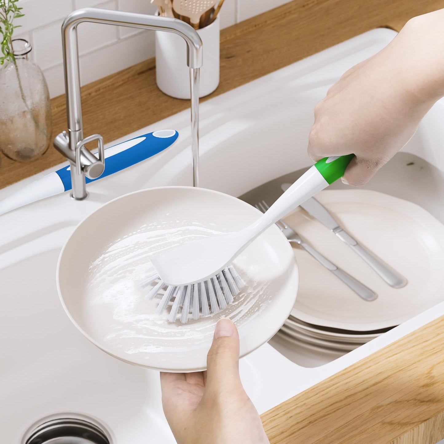 Amazer Dish Brush with Handle, 2 Pack Kitchen Scrub Brushes for Cleaning, Dish Scrubber with Stiff