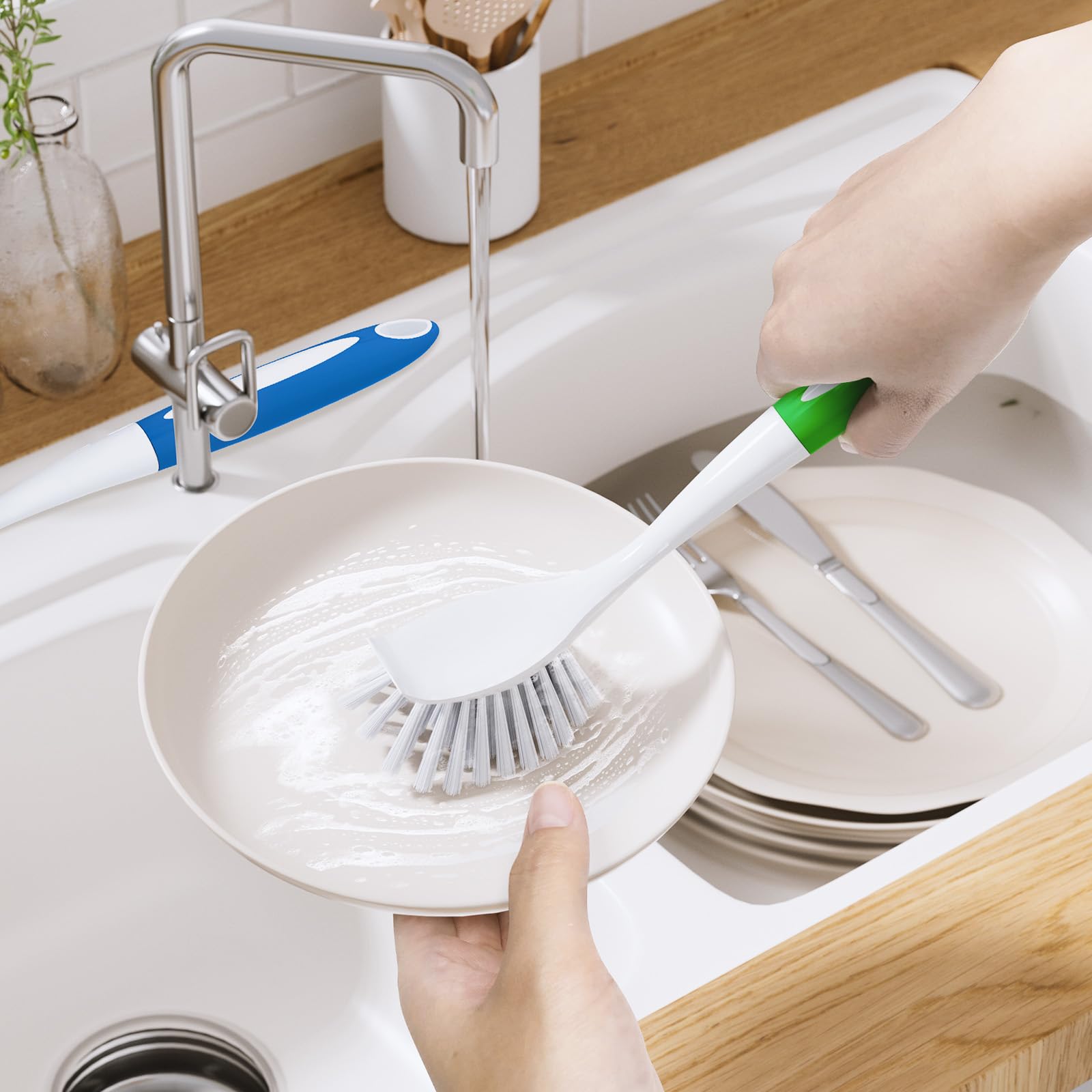 Amazer Dish Brush with Handle, 2 Pack Kitchen Scrub Brushes for Cleaning, Dish Scrubber with Stiff