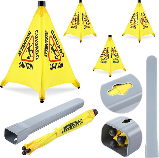 4-Packs Wet Floor Signs 20 Inch, Pop UP Bilingual Yellow Caution Wet Floor Sign with Wall Mounted