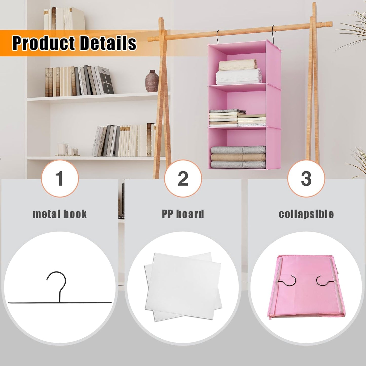 Hanging Closet Organizer and Storage 3-Shelf, Easy Mount Foldable Hanging Closet Wardrobe Storage Shelves, Clothes Handbag Shoes Accessories Storage, Washable Oxford Cloth Fabric, Pink