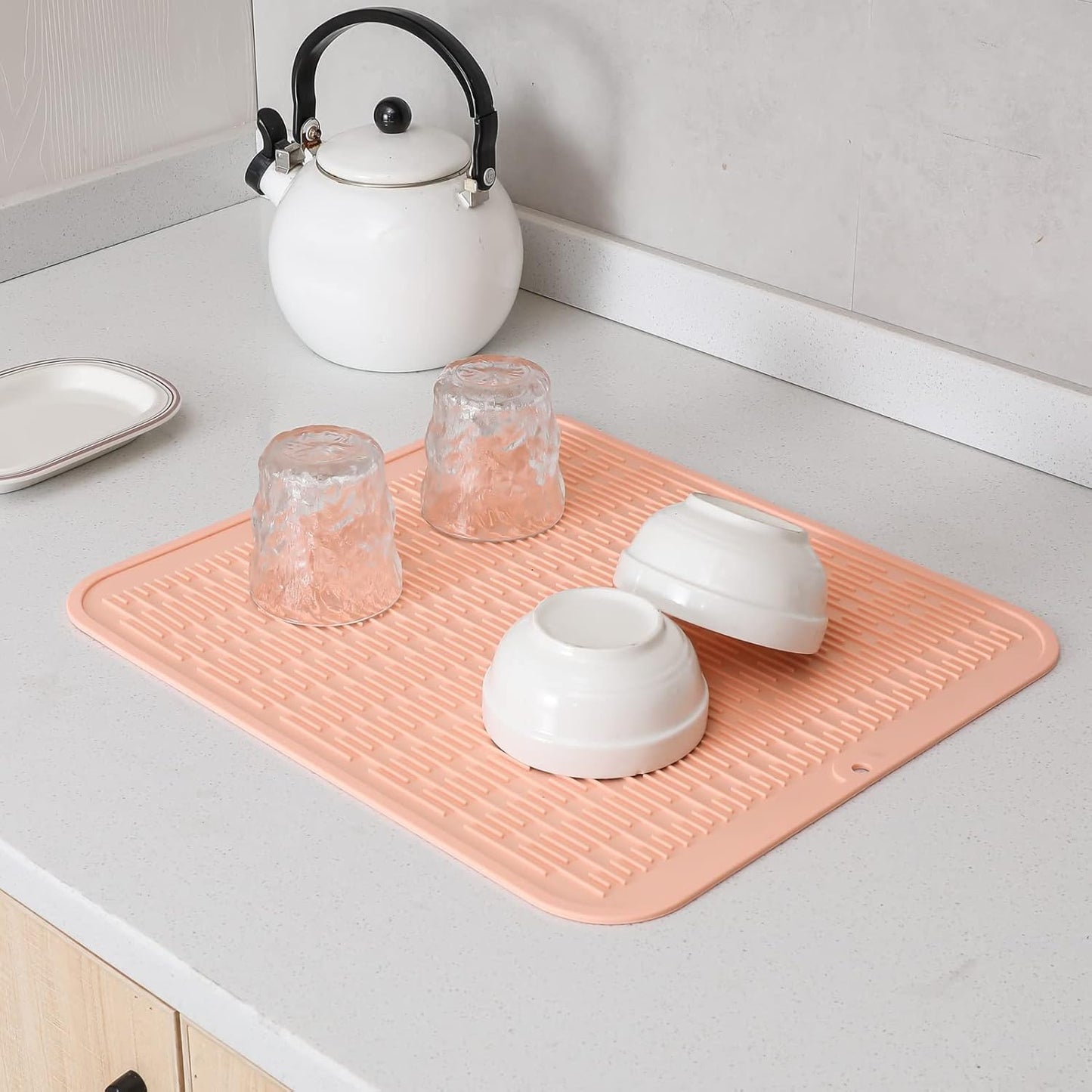 Silicone Dish Drying Mat for Multiple Usage,Easy clean,Eco-friendly,Heat-resistant Silicone Mat for Kitchen Counter or Sink,Refrigerator or Drawer Liner Pink XL 18 inches x 16 inches