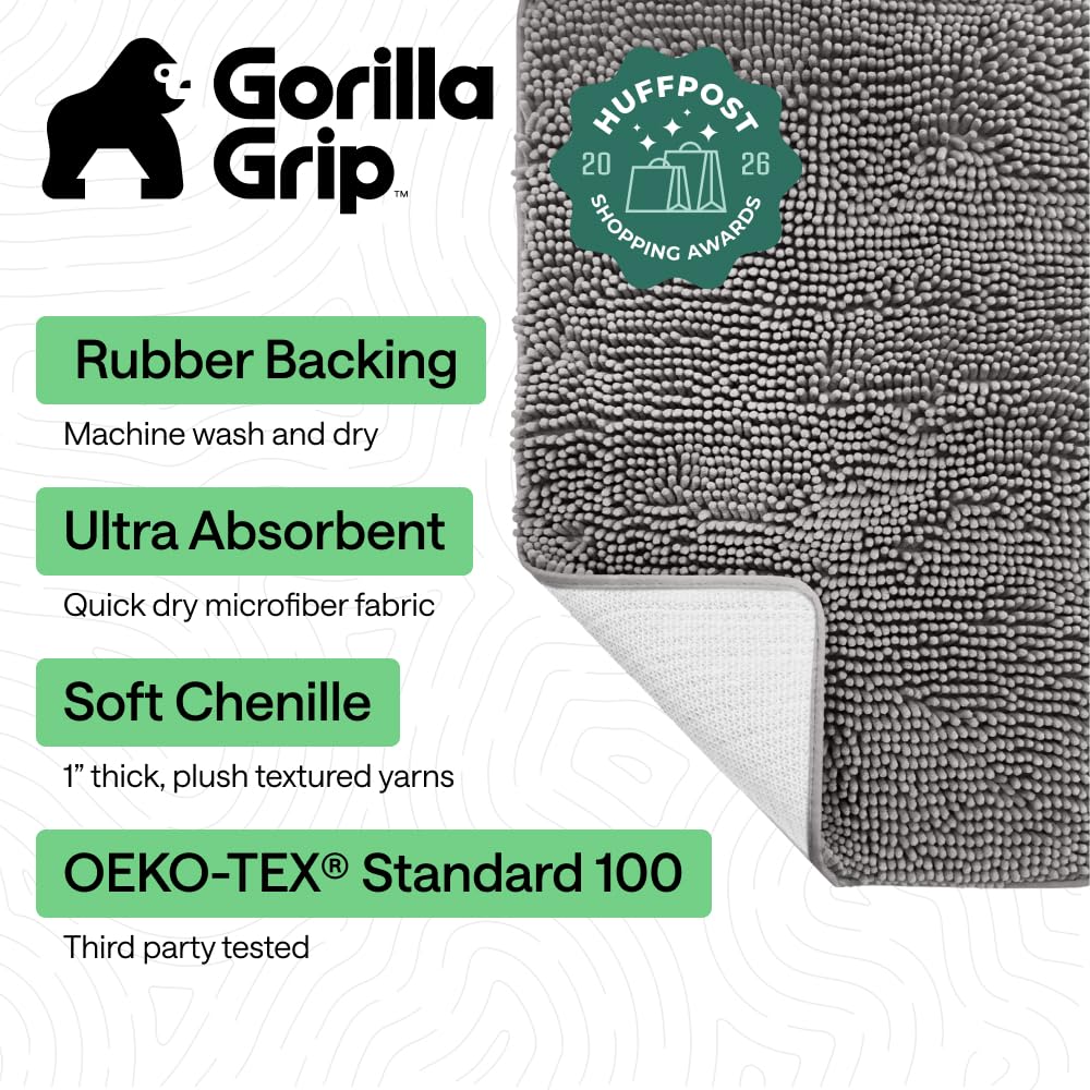GORILLA GRIP Bath Rug Mat, Thick Soft Absorbent Chenille, Quick Dry Microfiber Mats, Rubber