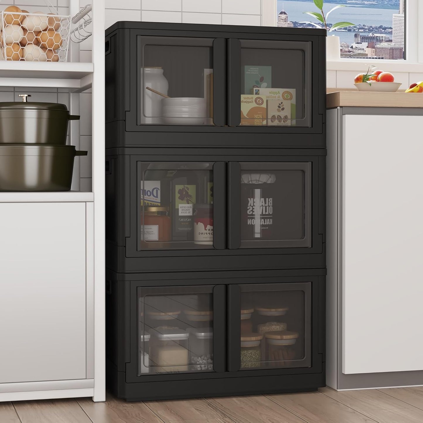 FLEXIMOUNTS 228 QT Stackable Storage Bins With Lids, Collapsible Plastic Storage Bins With Doors and Built-in Wheels For Home Dorm Closet Organizers and Storage, 3 Pack Cubes, Black