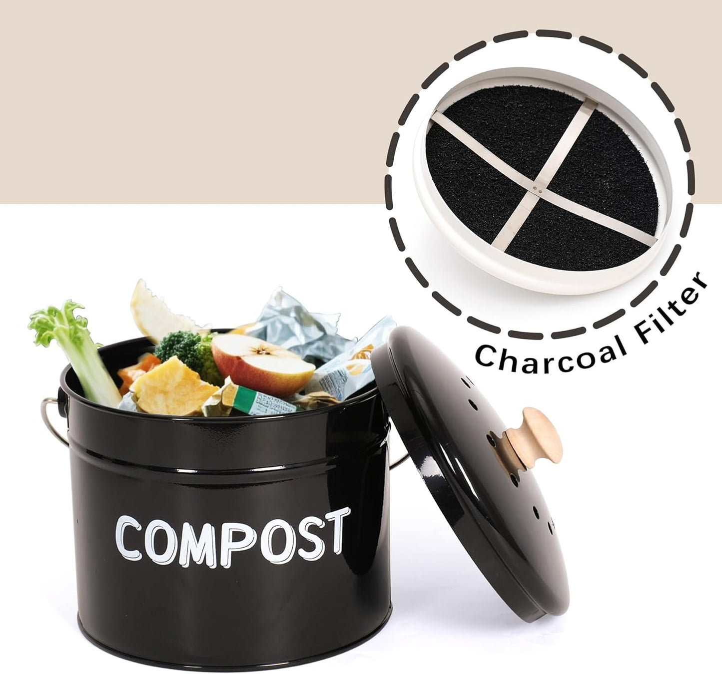 Compost Bin for Kitchen Counter, 1 Gallon Compost Bucket with Lid and Charcoal Filter, Countertop Composter, Rust Proof Indoor Food Waste Bin, Black