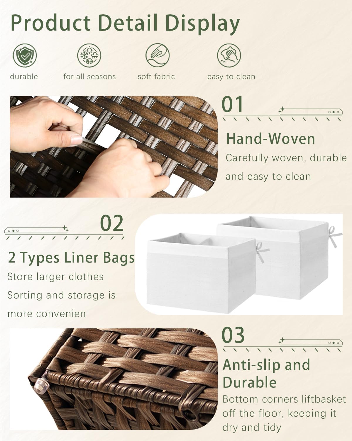 Storage Basket with Lid Wicker Baskets for Storage with 2 Separate Lid 42.3 Gallon (160 L) 29.9 x 17.3 x 18.1 Inches Rattan Woven Large Wicker Basket with 2 Liners for Bedroom Laundry Brown