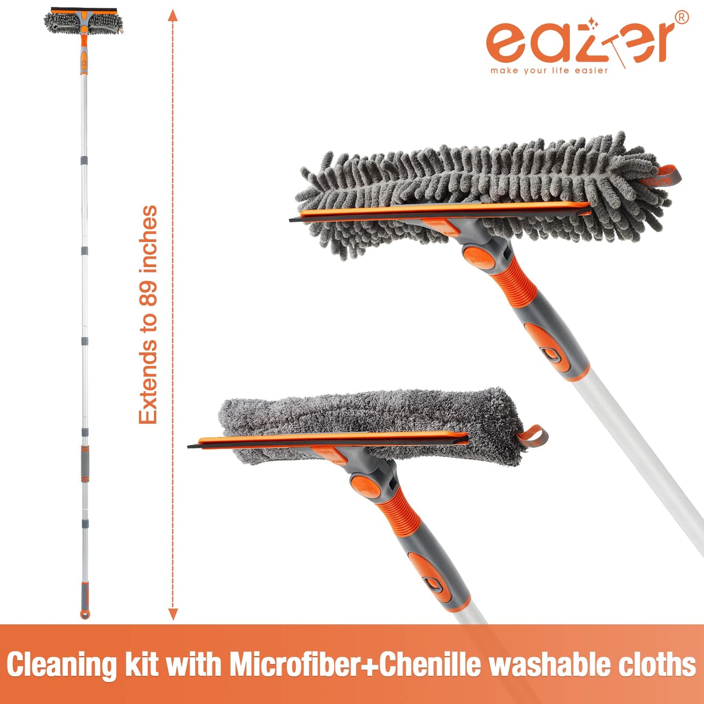Eazer 89'' Squeegee Window Cleaner 2 in 1 Rotatable Window Cleaning Tool Kit with Extension Pole