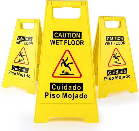 3-Pack Caution Wet Floor Sign,17.5" Height,Bright Yellow Double-Sided Folding A-Shaped Frame