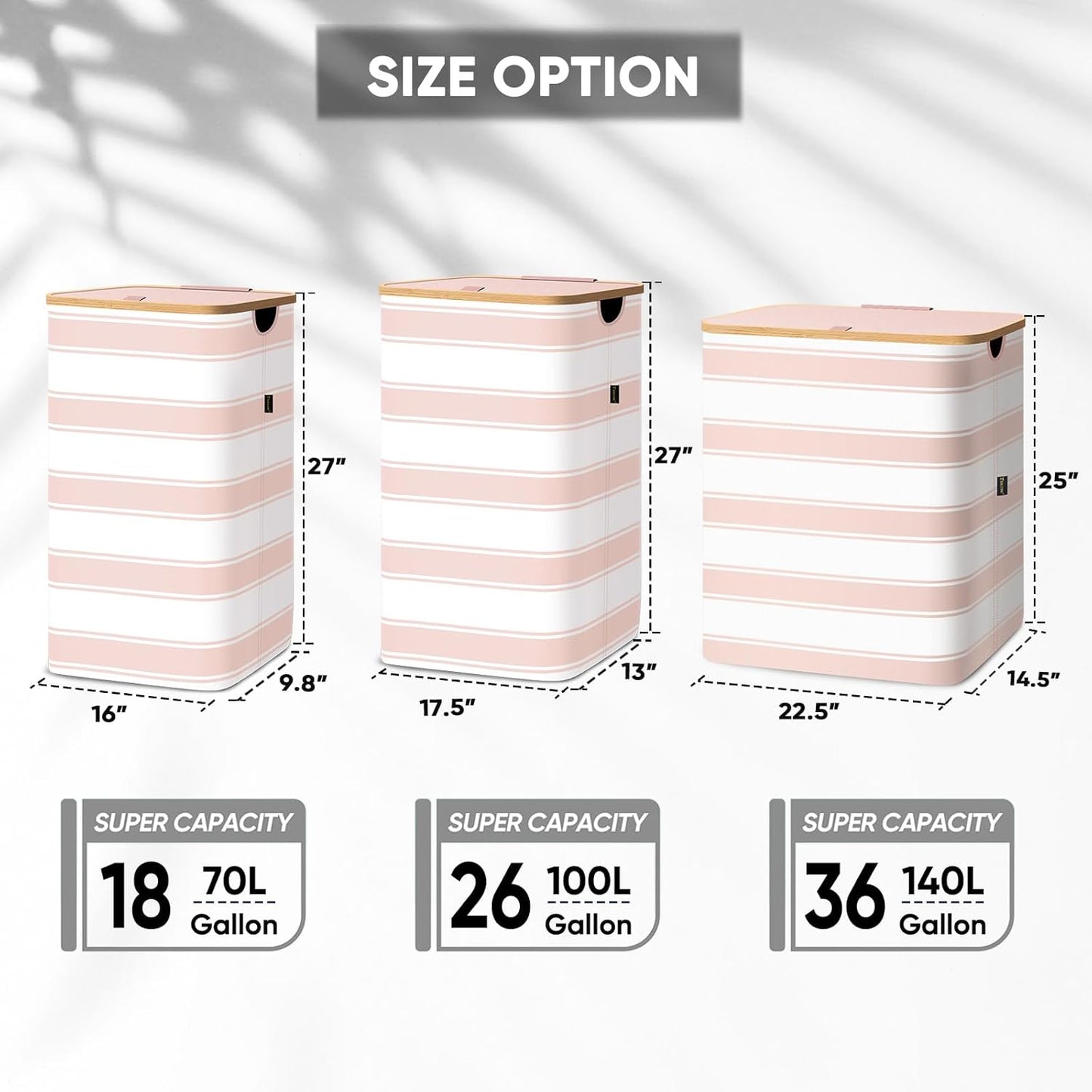 BALEINE Laundry Hamper with Lid, Tall Laundry Baskets with Bamboo Pull Handles, Large Laundry Bin with Internal Support (26 Gal/100L, Pink Stripe)