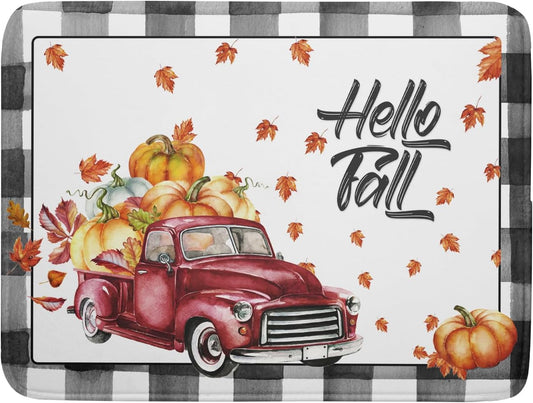 Hello Fall Pumpkin Dish Drying Mat for Kitchen Counter Decor 18x24 Inch Red Truck Harvest Absorbent Reversible Microfiber Dish Drying Pad Buffalo Check Plaid Dish Drainer Rack Mats for Coffee Bar